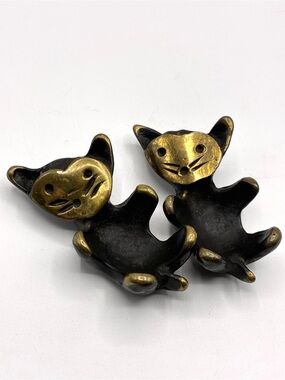 Vintage Blackened Brass Cat Ring Holders MCM Figurine Pair